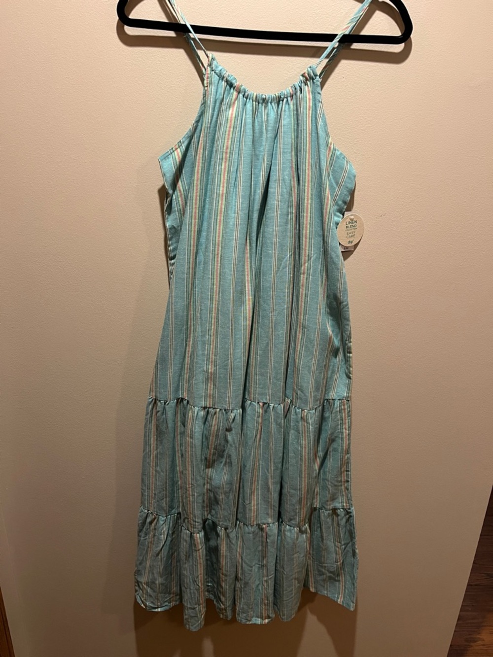 dip Striped Aqua and Cream Linen-Blend Dress